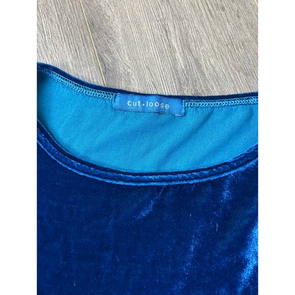 Cut Loose Blue Velvet Oversized Tunic Top Size One Rayon Silk Relaxed Fit - Picture 7 of 9